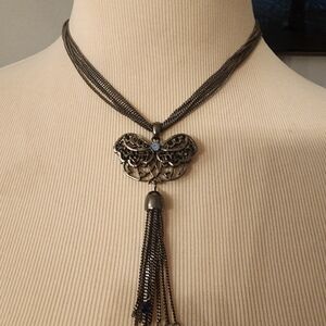 Multi Strand Gunmetal Chain Butterfly w/Blue Rhinestone Necklace